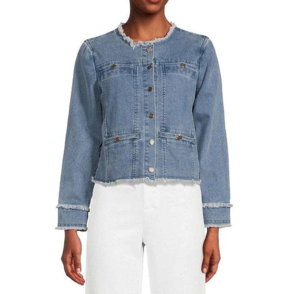 ecru Frayed Collarless Cropped Demin Jean Jacket Indigo Small